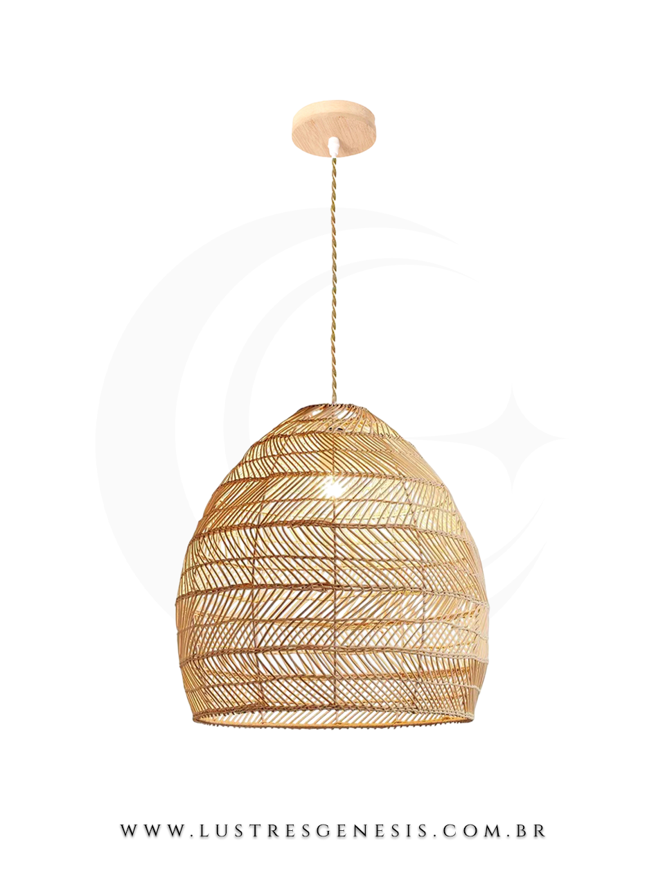 Luminária de teto pendente em madeira e rattan modelo Marquesas, ideal para mesas, balcão de cozinha, área gourmet e sítios.